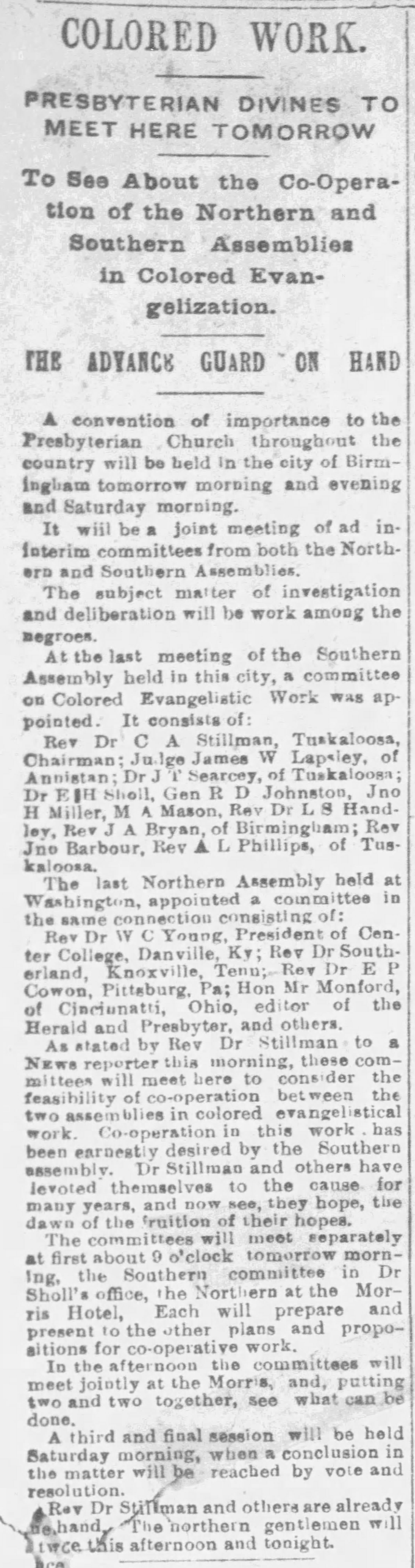 Colored Work: Presbyterian Divines To Meet Here Tomorrow